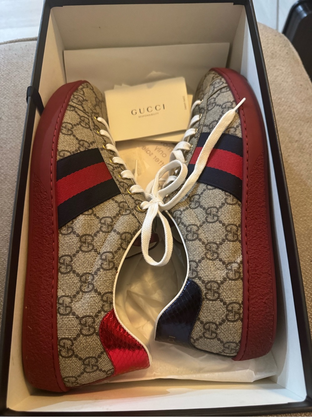 Gucci Men's GG Canvas Low-Top Sneakers with Red Trim and Navy Stripe